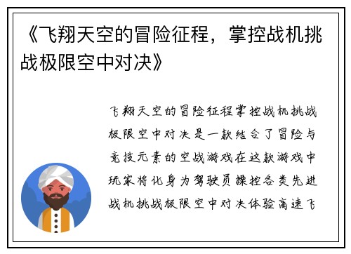 《飞翔天空的冒险征程，掌控战机挑战极限空中对决》